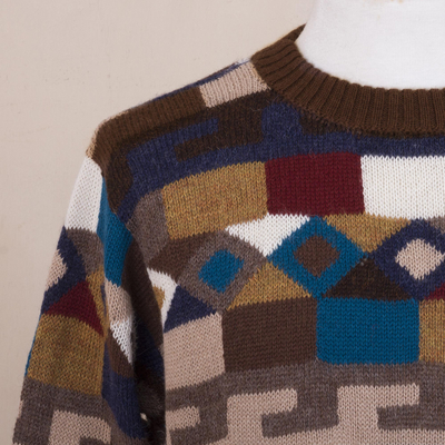 Men's 100% alpaca intarsia knit sweater, 'Adventure Geometry' - Geometric Intarsia Knit 100% Alpaca Men's Sweater