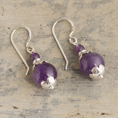 Amethyst beaded dangle earrings, 'Plum Pretty' - Sterling Silver and Amethyst Dangle Earrings
