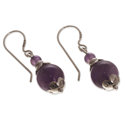 Amethyst beaded dangle earrings, 'Plum Pretty' - Sterling Silver and Amethyst Dangle Earrings