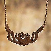 Wood pendant necklace, 'Nouveau Rose' - Wide Wood Pendant Necklace from Peru
