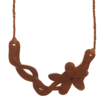 Floral Wood Pendant Necklace on Cotton Cord