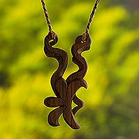 Wood pendant necklace, 'Climbing Jasmine' - Hand Carved Wood Pendant Necklace