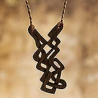 Wood pendant necklace, 'Natural Zigzag' - Long Wood Pendant Necklace