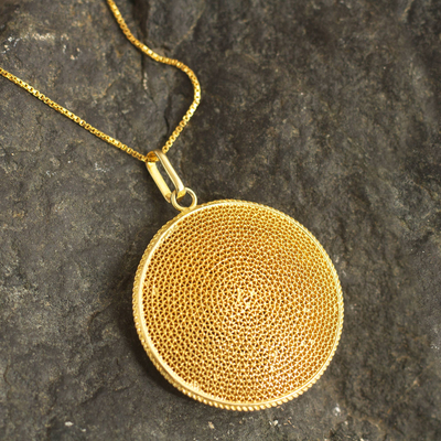 Gold-plated filigree pendant necklace, 'Temple of the Sun' - Peruvian Gold-Plated Filigree Pendant Necklace