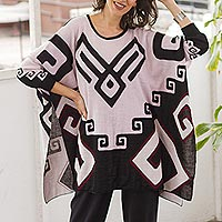 Alpaca blend knit poncho, 'Inca Heritage in Petal Pink' - Petal Pink and Black Alpaca Blend Knit Poncho