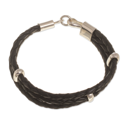Sterling silver accent leather braided bracelet, 'Dark Illusion' - Sterling Silver Accent Black Leather Braided Bracelet