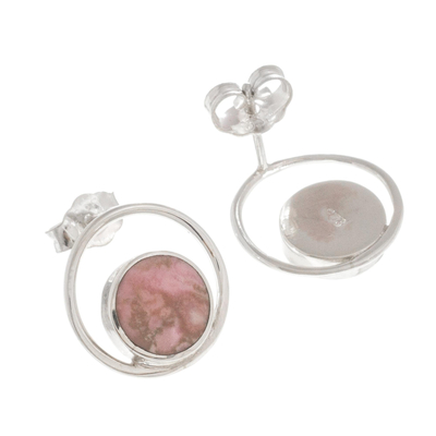Rhodonite drop earrings, 'In the Loop' - Rhodonite and Sterling Silver Drop Earrings from Peru