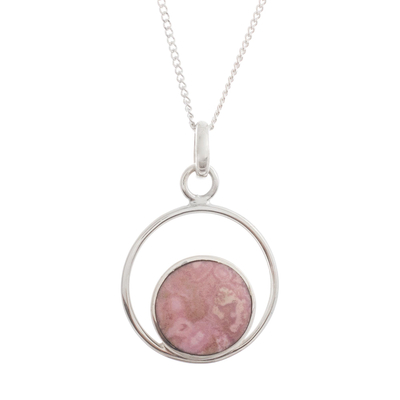 Rhodonite pendant necklace, 'In the Loop' - Rhodonite and Sterling Silver Pendant Necklace from Peru