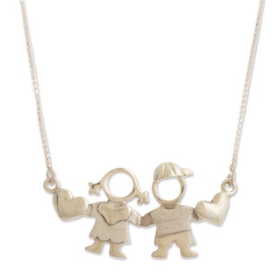 Sterling silver pendant necklace, 'Brother and Sister' - Boy and Girl Sterling Silver Pendant Necklace