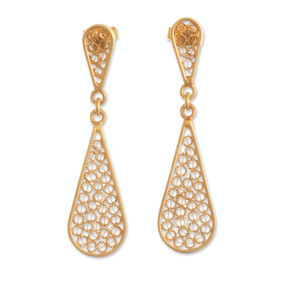 Gold plated filigree dangle earrings, 'Miraculous Tears' - Drop-Shaped 21k Gold Plated Silver Dangle Earrings from Peru