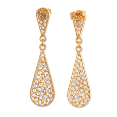 Gold plated filigree dangle earrings, 'Miraculous Tears' - Drop-Shaped 21k Gold Plated Silver Dangle Earrings from Peru