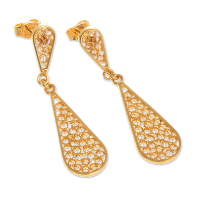 Vergoldete filigrane Ohrhänger - Tropfenförmige Ohrhänger aus 21 Karat vergoldetem Silber aus Peru