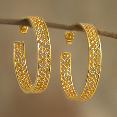 Gold plated filigree half-hoop earrings, Colonial Intricacy