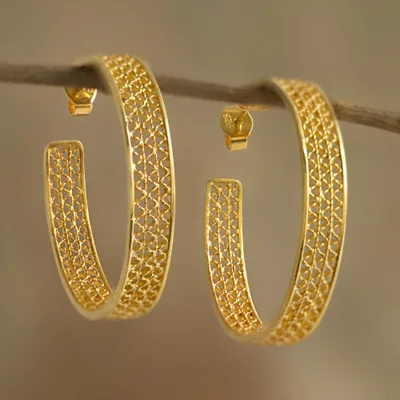 Gold plated filigree half-hoop earrings, 'Colonial Intricacy' - Gold Plated Silver Filigree Half-Hoop Earrings from Peru