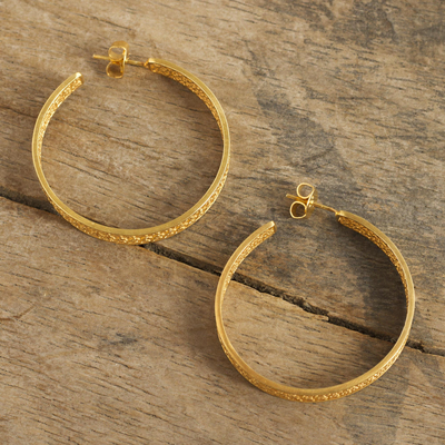 Gold plated filigree half-hoop earrings, 'Colonial Intricacy' - Gold Plated Silver Filigree Half-Hoop Earrings from Peru