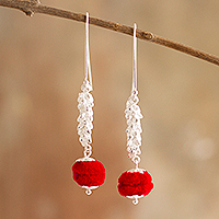 Sterling silver dangle earrings, 'Flourish' - Red Pompom Earrings in Sterling Silver