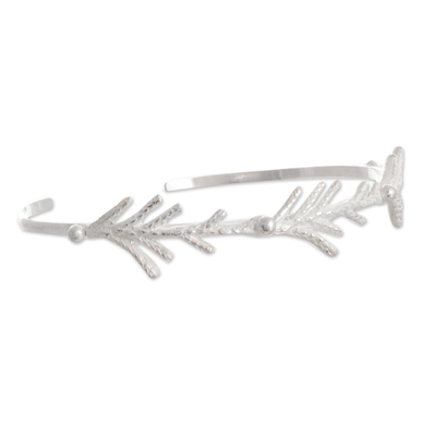 Sterling silver cuff bracelet, 'White Cypress' - Realistic Cypress Motif Cuff Bracelet
