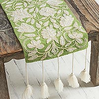 Wool table runner, 'Spring Green Garden' - Floral Crocheted Wool Table Runner in Spring Green