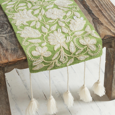 Wool table runner, 'Spring Green Garden' - Floral Crocheted Wool Table Runner in Spring Green