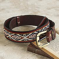 Cinturón de cuero con acento de lana, 'Ancestros Incas' - Cinturón de cuero con acento de lana tejido a mano