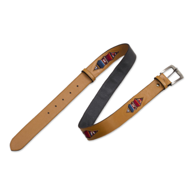 Camel Colored Leather and Wool Accent Belt