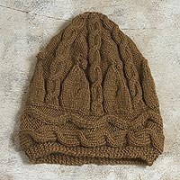100% alpaca knit hat, 'Intricacy in Brown' - Warm Brown Alpaca Wool Knit Hat