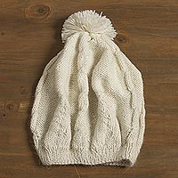 100% alpaca knit hat, 'Warm Cables in White' - White Cable Knit 100% Alpaca Hat