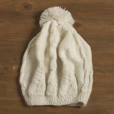 100% alpaca knit hat, 'Warm Cables in White' - White Cable Knit 100% Alpaca Hat