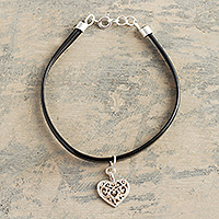 Faux leather and sterling silver charm bracelet, 'Heart's Home in Black' - Black Faux Leather Heart Charm Bracelet
