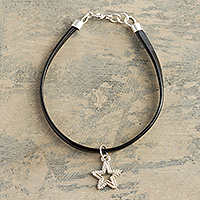 Faux leather and sterling silver charm bracelet, 'A Star is Born in Black' - Sterling Silver Star Charm Bracelet