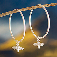 Sterling silver hoop earrings, 'Sweet Bees' - Andean Sterling Silver Hoop Earrings with Bees