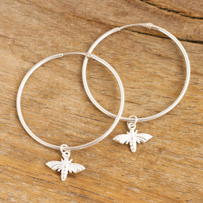 Sterling silver hoop earrings, 'Sweet Bees' - Andean Sterling Silver Hoop Earrings with Bees