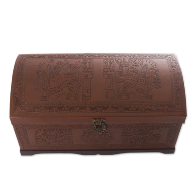 Cedar and leather chest, 'Sun and Sky' - Unique Traditional Tooled Leather Covered Wood Chest