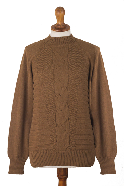 Warm Brown Braided Detail Alpaca Blend Sweater from Peru