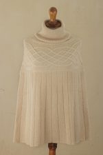Knitted alpaca blend poncho, 'Natural Ivory' - Braided Detail Ivory Alpaca Blend Poncho from Peru