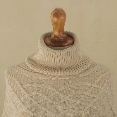 Knitted alpaca blend poncho, 'Natural Ivory' - Braided Detail Ivory Alpaca Blend Poncho from Peru