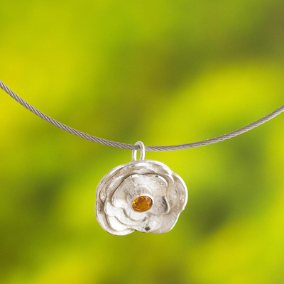 Citrine collar necklace, 'Surco Rose' - Andean Citrine and Sterling Silver Rose Pendant Necklace