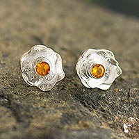 Citrine button earrings, 'Surco Rose' - Andean Earrings and Sterling Silver Rose Pendant Necklace