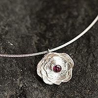 Rhodolite collar necklace, 'Surco Rose' - Andean Rhodolite and Sterling Silver Rose Pendant Necklace