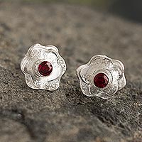 Rhodolite button earrings, 'Surco Rose' - Andean Rhodolite and Sterling Silver Rose Pendant Necklace