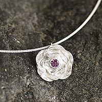 Amethyst collar necklace, 'Surco Rose' - Andean Amethyst and Sterling Silver Rose Pendant Necklace