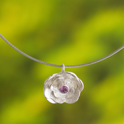 Amethyst collar necklace, 'Surco Rose' - Andean Amethyst and Sterling Silver Rose Pendant Necklace