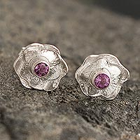 Amethyst button earrings, 'Surco Rose' - Andean Amethyst and Sterling Silver Rose Button Earrings