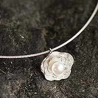 Cultured pearl pendant necklace, 'Treasured Rose' - Modern Cultured Pearl Pendant Necklace