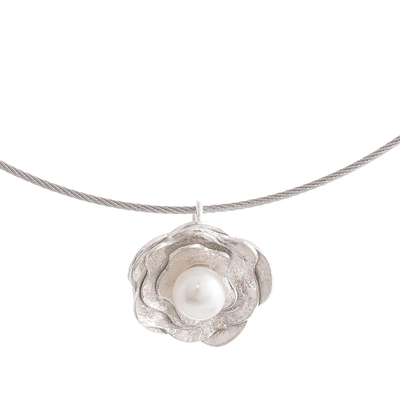 Cultured pearl pendant necklace, 'Treasured Rose' - Modern Cultured Pearl Pendant Necklace