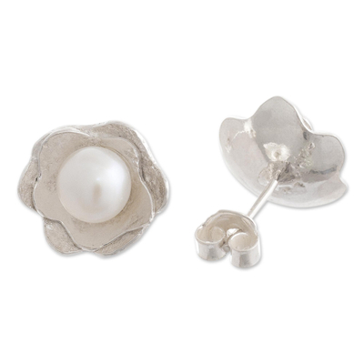 Cultured pearl button earrings, 'Treasured Rose' - Sterling Silver and Cultured Pearl Flower Earrings