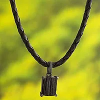 Tourmaline pendant necklace, 'Monochrome Mystery' - Braided Black Leather Cord Tourmaline Pendant Necklace