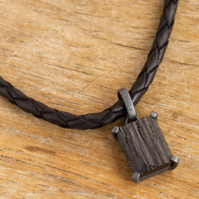Tourmaline pendant necklace, 'Monochrome Mystery' - Braided Black Leather Cord Tourmaline Pendant Necklace