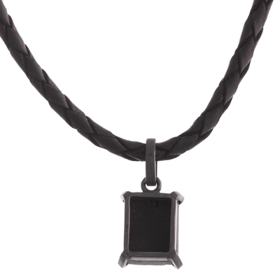 Tourmaline pendant necklace, 'Monochrome Mystery' - Braided Black Leather Cord Tourmaline Pendant Necklace
