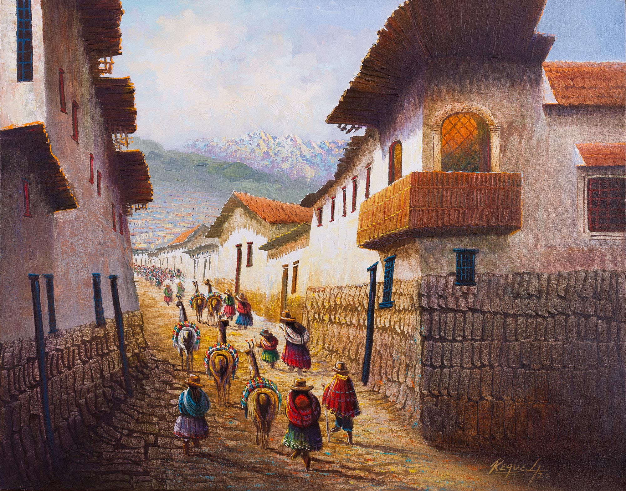 Original Oil Painting of a Small Andean Town on Sunday - Sunny Sunday ...